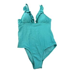 Serra Ruffle V-Neck One Piece Swimsuit Teal Blue Adjustable Straps Women L